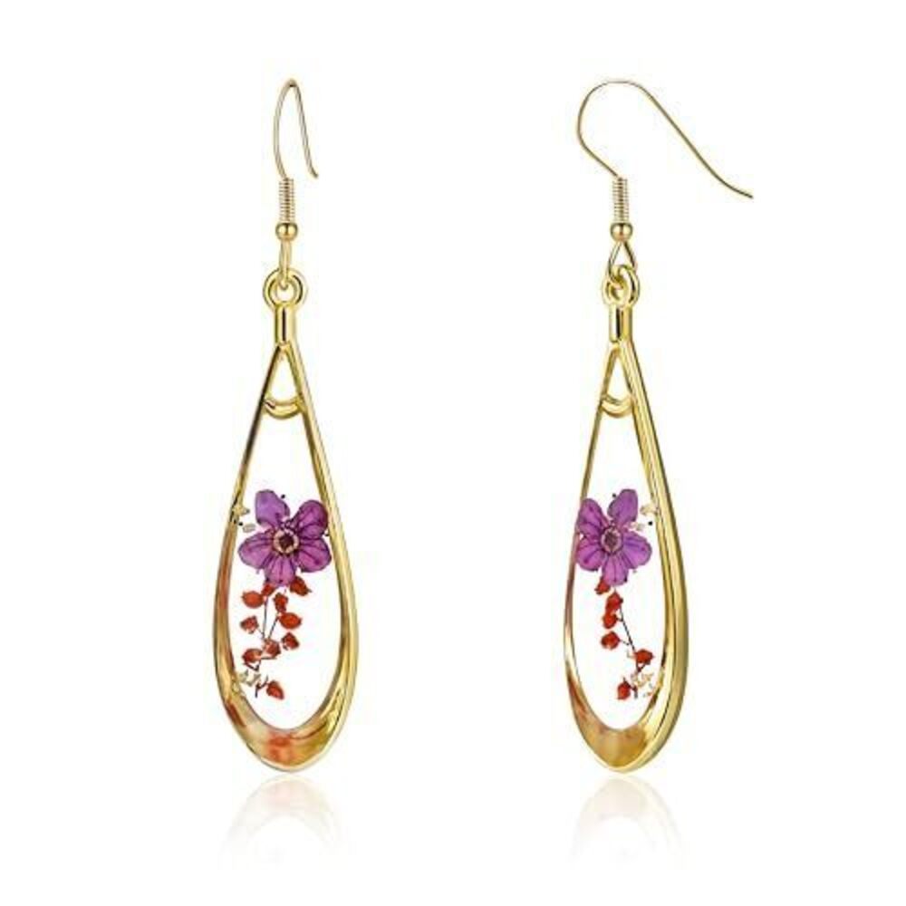2171 18K Gold Plated Foil & Flower Dangle Drop Earrings , Hypoallergenic